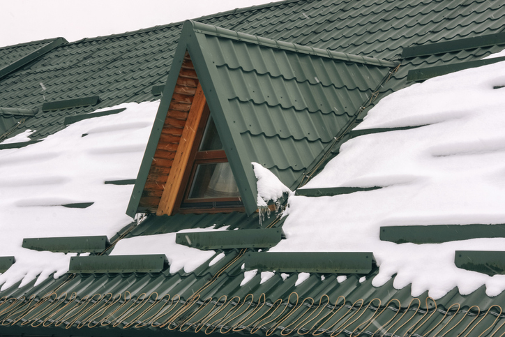 śnieg na zielonym dachu 
